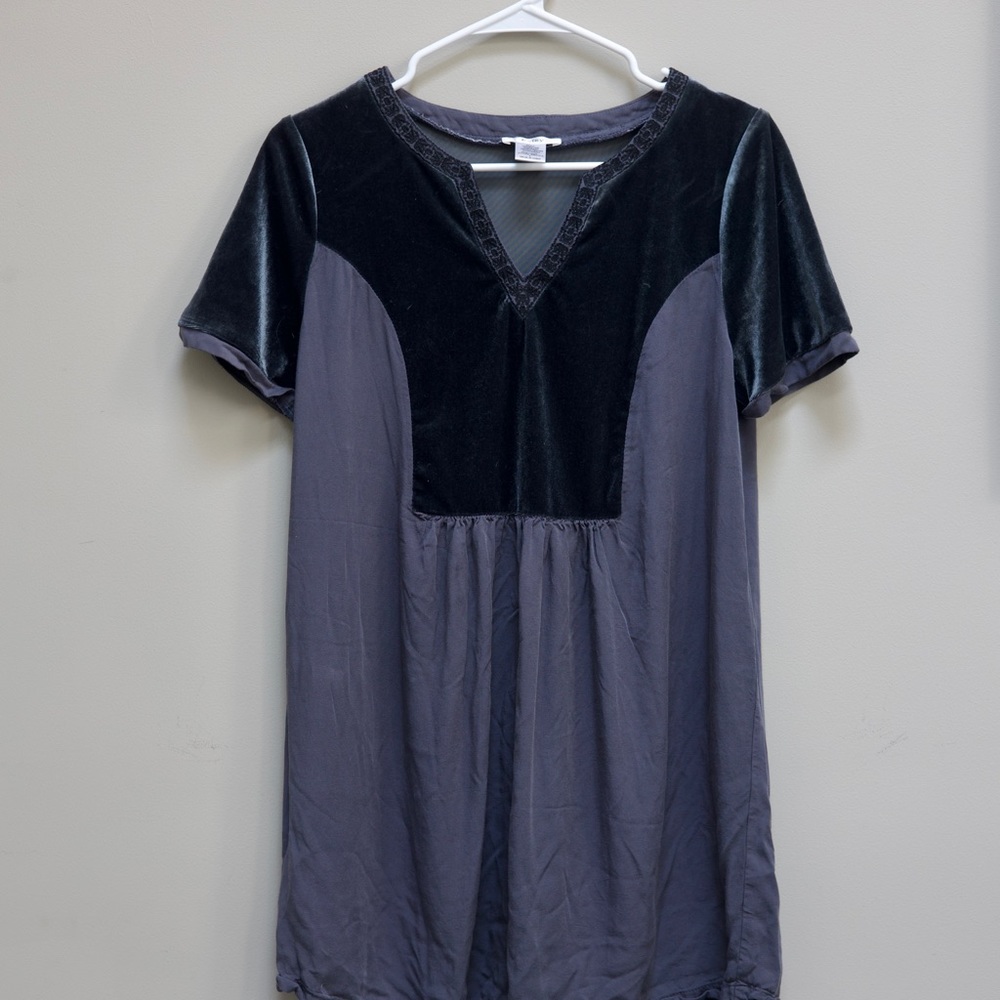 Tunic length, short sleeve, velour accented top